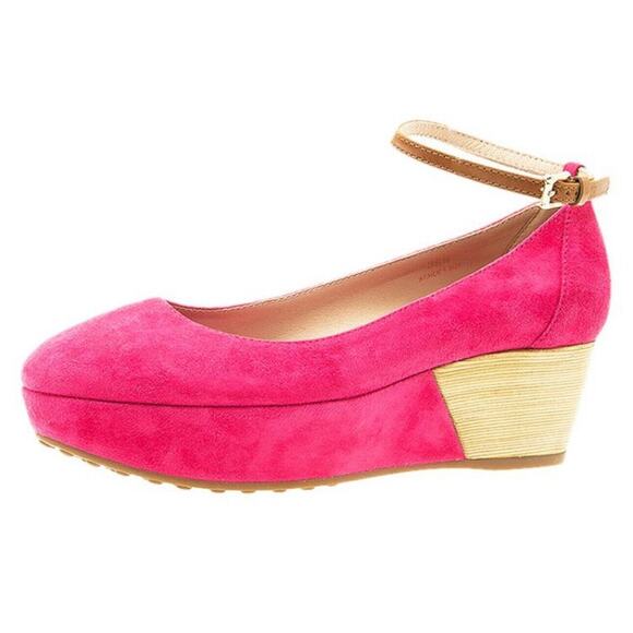 Tod's Deep Pink Suede Ankle Strap Ballerina Style Round Toe Wedge Shoes 38 / 8 - Picture 1 of 13